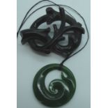 Contemporary jade pendant + large Victorian jet style bough brooch