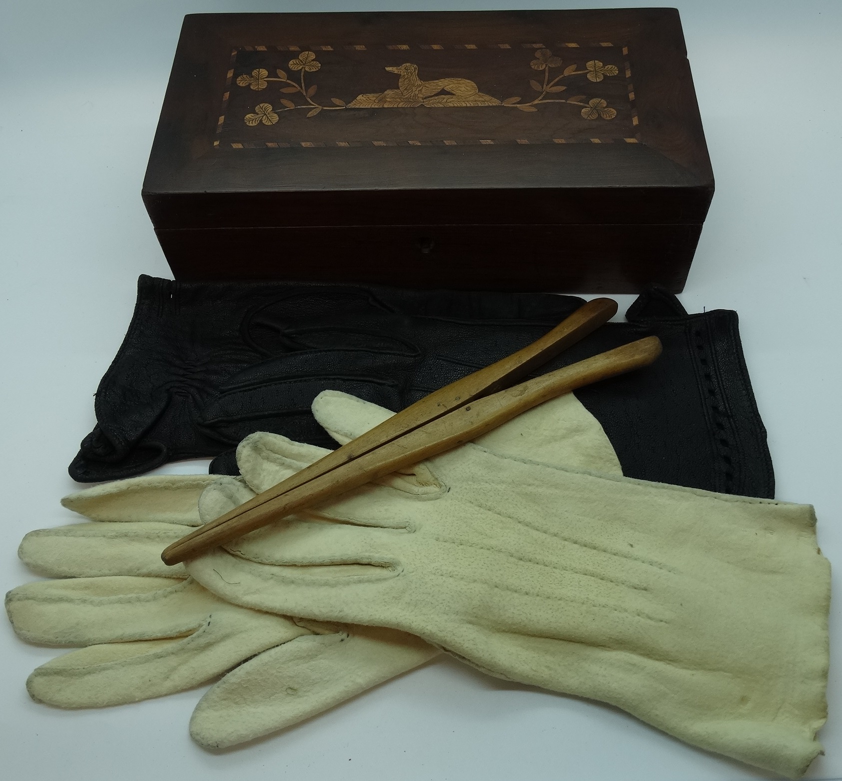 Inlaid mahogany glove box, leather gloves + stretchers