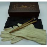Inlaid mahogany glove box, leather gloves + stretchers