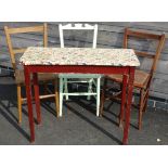 Stained side table & 3 bedroom chairs