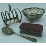 Silver Bonbon dish, small silver plated 5 slice toastrack, jam spoon + trinket box