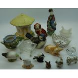 Small box of ornaments inc. Miniature opaque chicken nest, Staffordshire mantle dog etc.