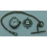 Silver/enamel shield, watch guard chain + silver cased Ladies wristwatch