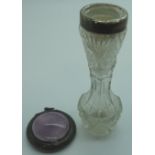 Small cut glass silver rim bud vase + a small silver/enamel pendant compact