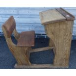 Pine school desk & bench chair LCC inkwell