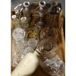 Box of odds inc. 4 bottle plated table cruet, glass oil lamp base, footwarmer & dressing table set