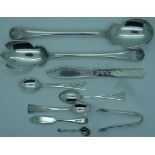 Pair of plated salad servers, Mother of Pear handle butter knife, claw sugar tongs, butter knife + 3