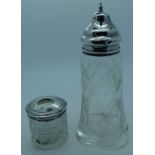 Silver & cut glass sugar castor + hob nail hair tidy