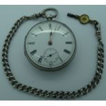 W. Robinson silver pocket watch No. 6476, chain & key