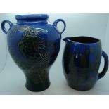 Brannam bird vase & a blue jug