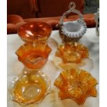 End of Day glass basket + 5 orange Carnival glass bowls