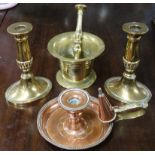 Brass - pair of candlesticks, pestle & motar + copper chamberstick