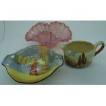 Pink milk glass basket, & 2 pieces of Royal Doulton