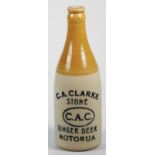 Stoneware Ginger Beer Bottle Advertising, C A CLARKE ROTORUA, Price maker, Very Good