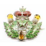 Fine Victorian silver and enamel thistle and crown brooch with decorative semi precious stones total