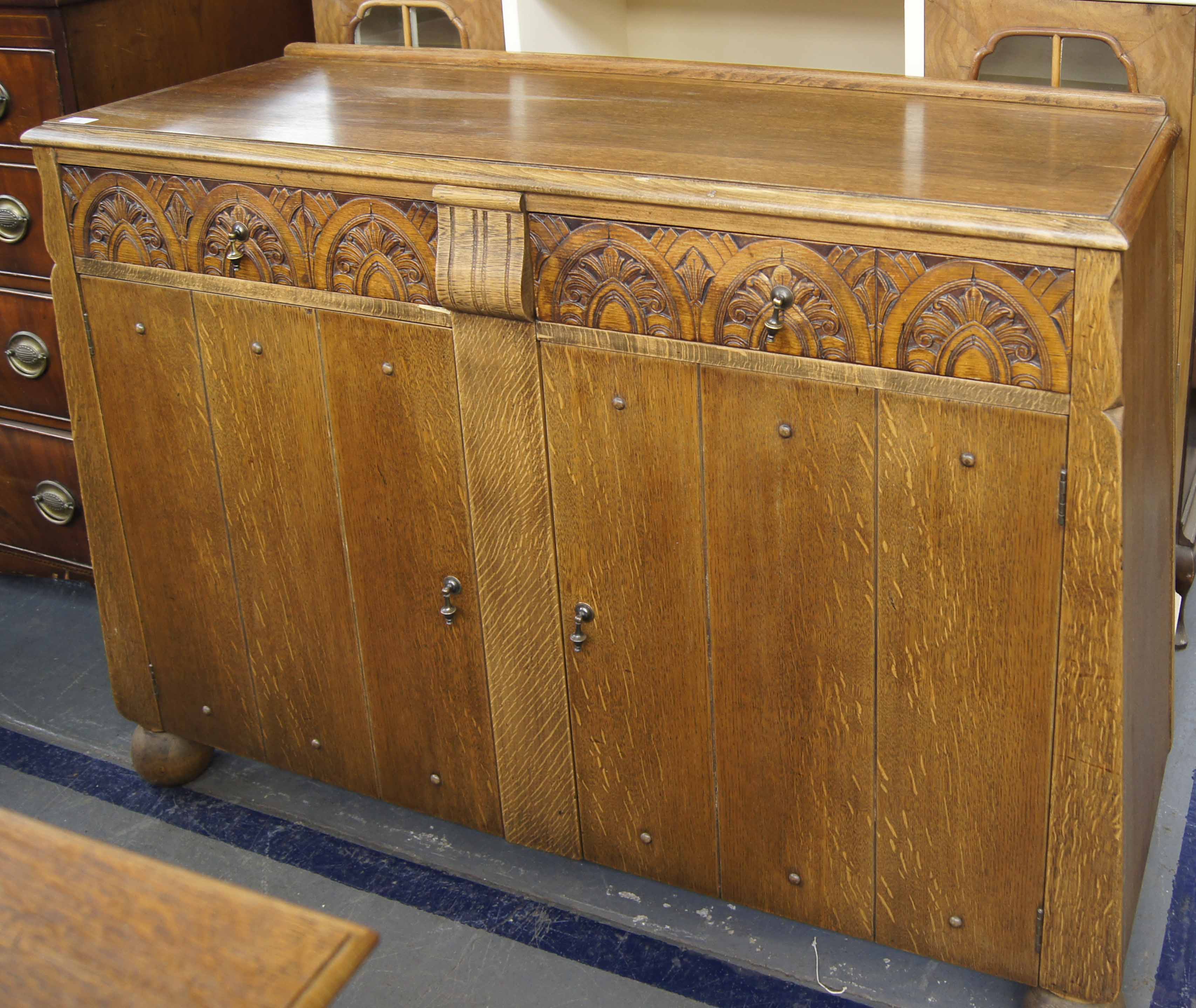 Original 1930's Art Deco oak side buffet with carved relief to drawers below upcycled by JD