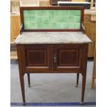 19th c inlaid mahogany base wash stand/drinks serving cabinet with grained marble top tiled