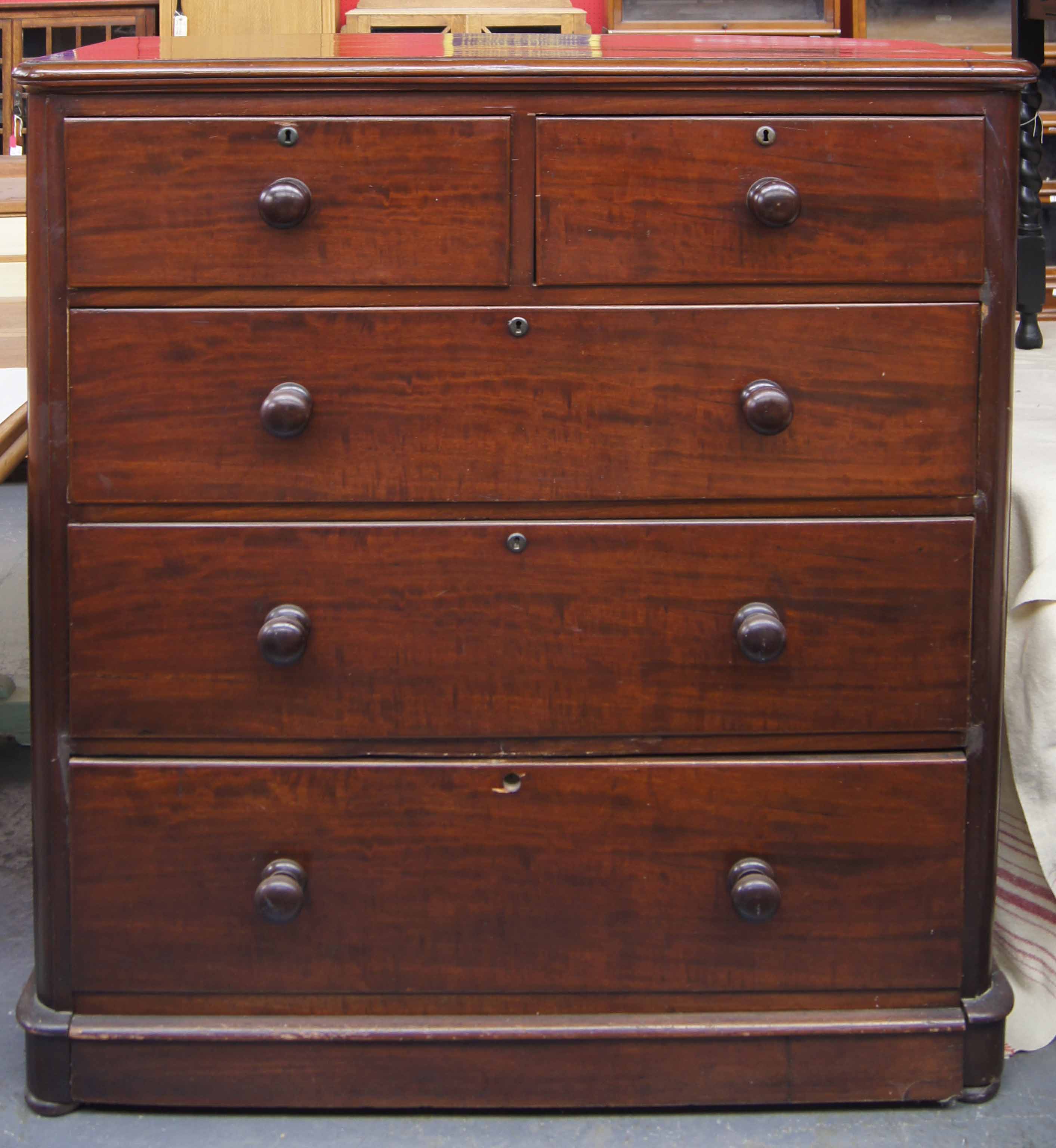 19th c mahogany two over three graduated chest of drawers with turned wood handles c. 1870's 50ins H