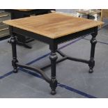Early 20th c Edwardian oak dining table with stripped top on a Satin painted black base with