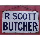 Original 20th c vintage metal and enamel advertising sign 'R Scott Butcher' patent Enamel Co. Ltd