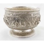 Late 19th early 20th c Eastern silver bowl with embossed decorative village scenes on pedestal