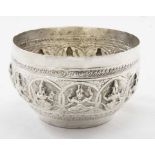 Late 19th early 20th c Eastern silver bowl with embossed deity figures 5ins D x 3ins H (approx
