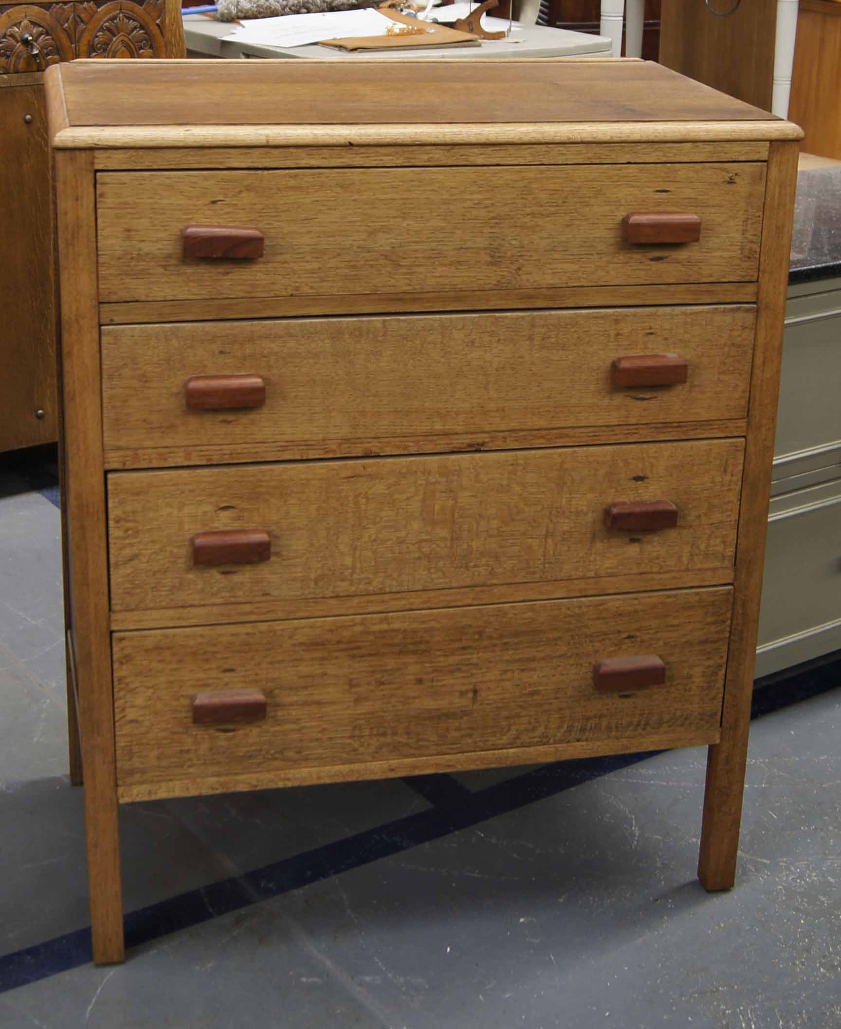 Original 1930's four drawer oak chest on straight legs with wood handles upcycled by J D Designs