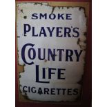 Original 20th c vintage metal and enamel advertising sign 'Smoke Players Country Life Cigarettes'