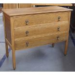 Original 1920's oak three drawer chest on square legs with original metal tear drop handles upcycled