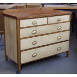 Original Art Deco period two over three oak chest with painted drawer fronts and side panels with