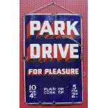 Original 20th c vintage metal and enamel advertising sign 'Park Drive for Pleasure Plain or Cork tip