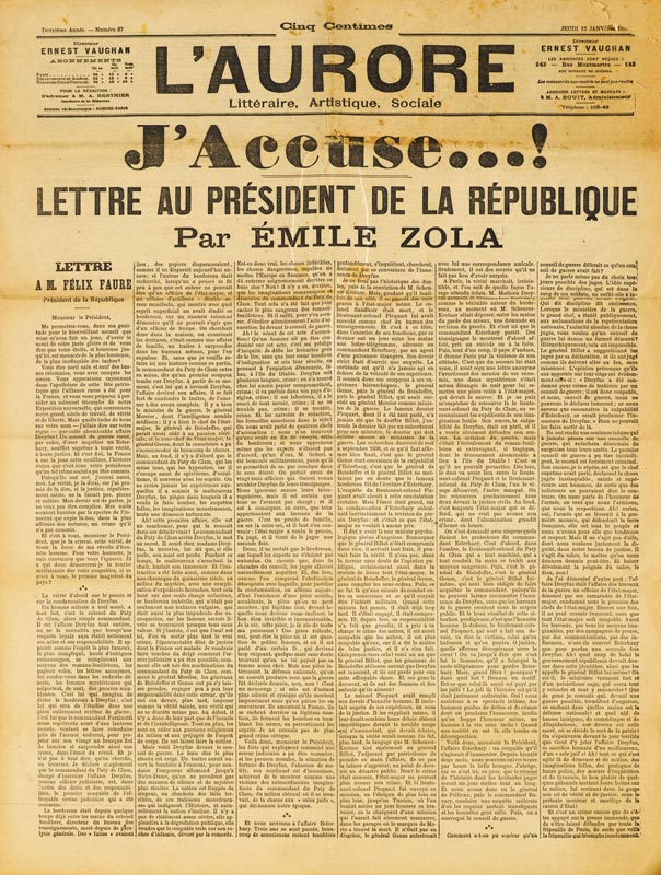 DREYFUS-AFFÄRE - Zola, Emile. J'Accuse...! Lettre au Président de la République. In: L'Aurore, jeudi