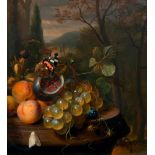 MORTEL, JAN (1650 Leiden 1719) Still life with apricots, grapes, a fig and a butterfly on a stone