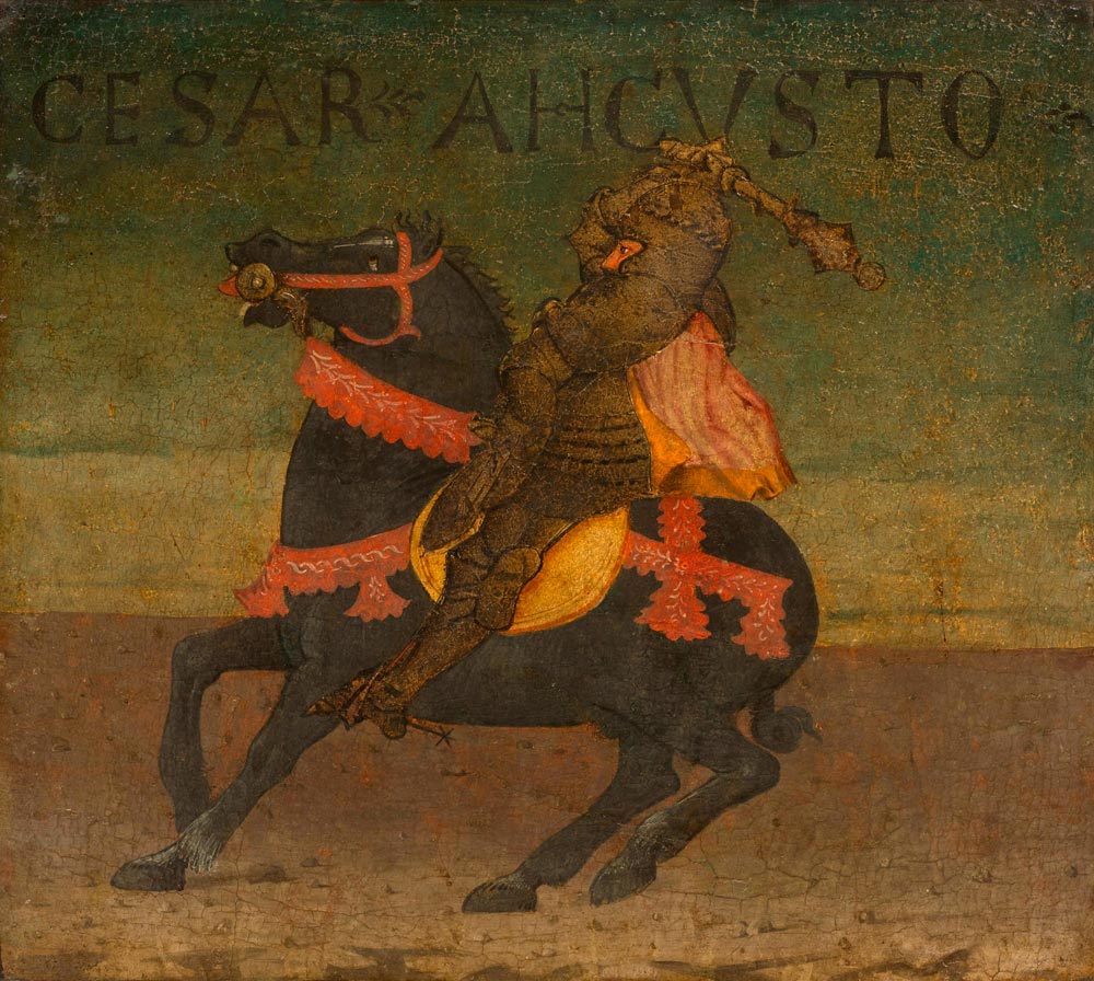 FLORENCE, CIRCA 1460 Lateral panel from a cassone, with a Roman hero: Kaiser Augustus. Tempera on