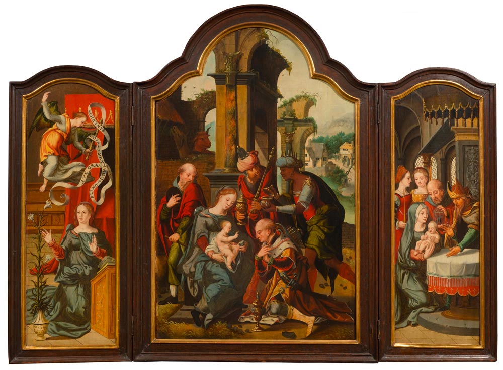 Circle of COECKE VAN AELST, PIETER (Aalst 1502 - 1550 Brussels) Triptych: Adoration of the Kings.
