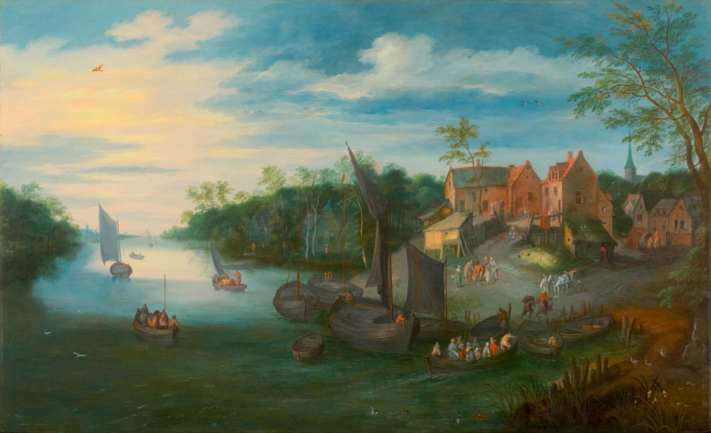 BRUEGHEL, JAN D. J. (1601 Antwerp 1678) River landscape with jetty. Circa 1625. Oil on panel. 38 x