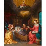 BAELLIEUR, CORNELIS DE (1607 Antwerp 1671) Madonna and Child with angels and the Holy Ghost.  Oil on