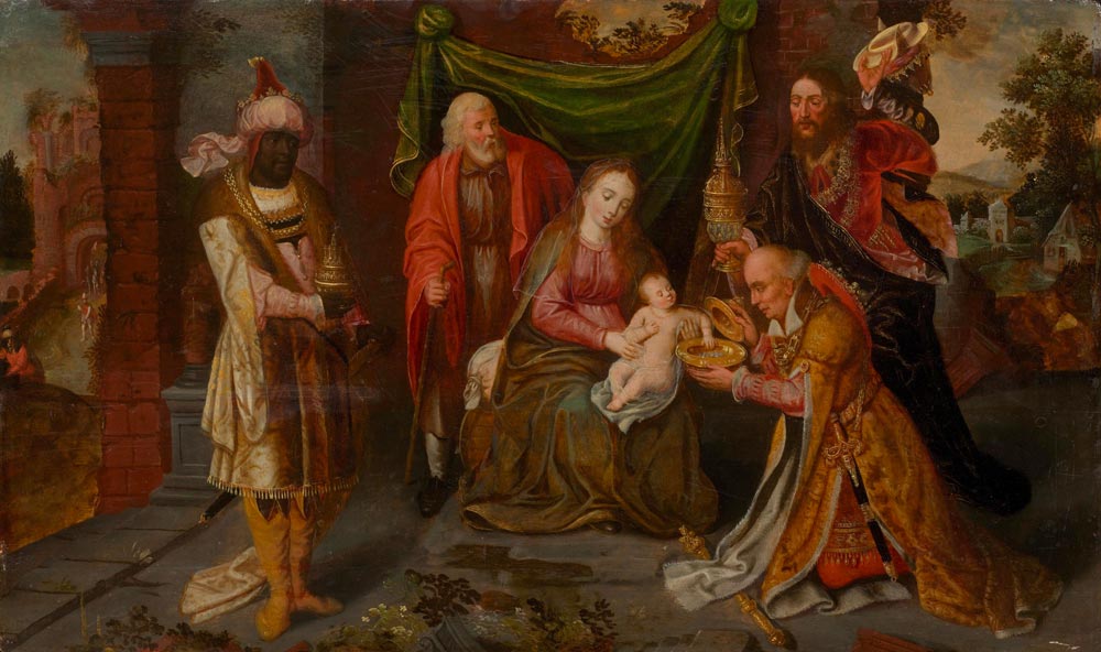 ANTWERP, END OF THE 16TH CENTURY Adoration of the Kings. Oil on panel. 44 x 75 cm.   Provenance: -