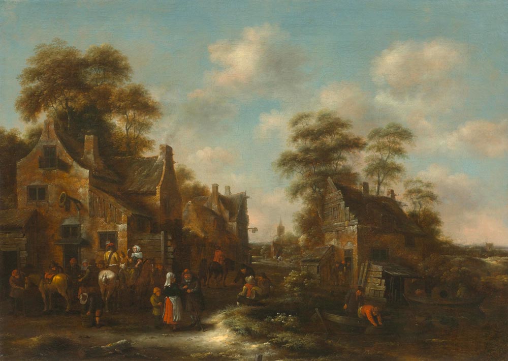 MOLENAER, NICOLAES (circa 1630 Haarlem 1676) Village with figures before an inn. Oil on canvas. 66 x