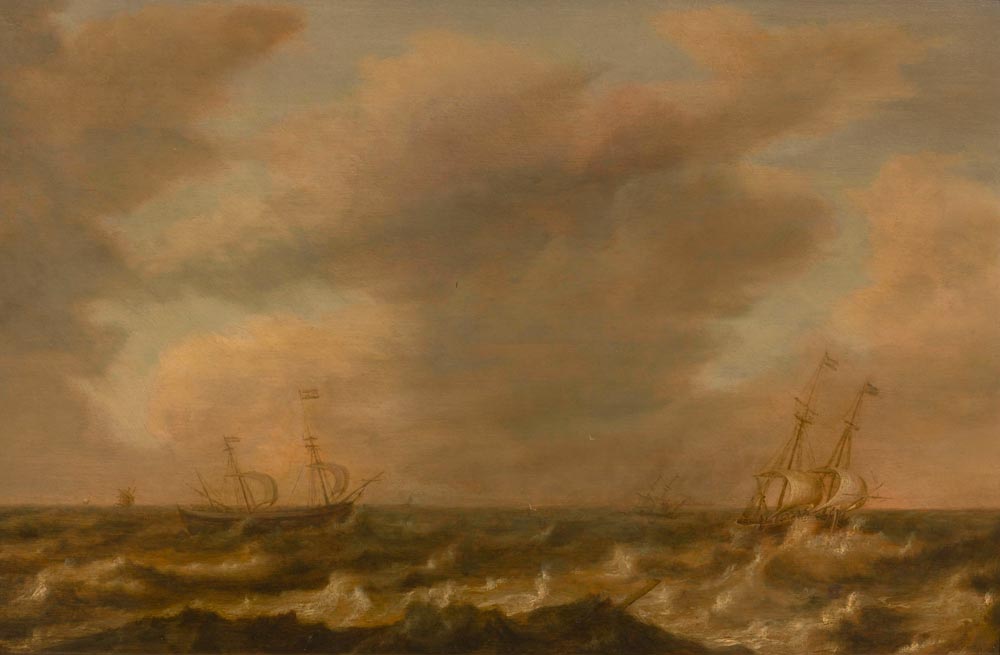 DIEST, WILLEM VAN (The Hague before 1610 - after 1663) Rough sea with ships. Oil on panel. Barely