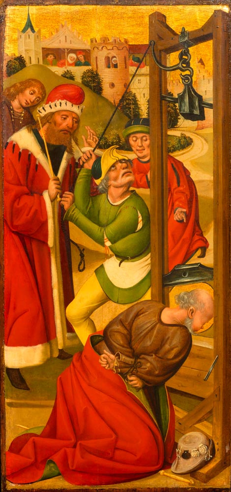 GERMAN SCHOOL, END OF THE 15TH CENTURY The beheading of Saint James.  Oil on panel. 78 x 36.2