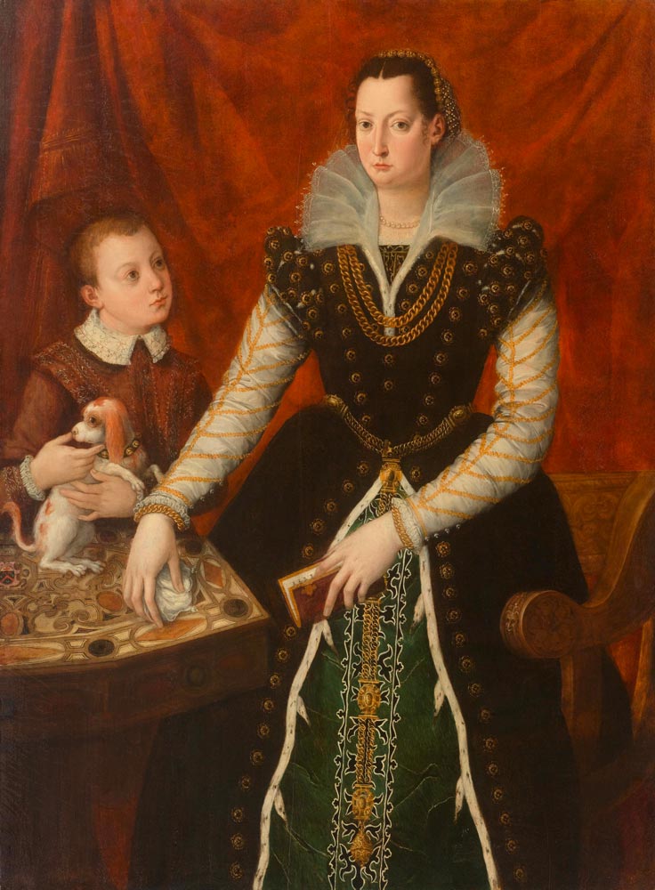 FLORENCE, CIRCA 1570 Portrait of a noblewoman with her son and a small dog. Oil on panel. With