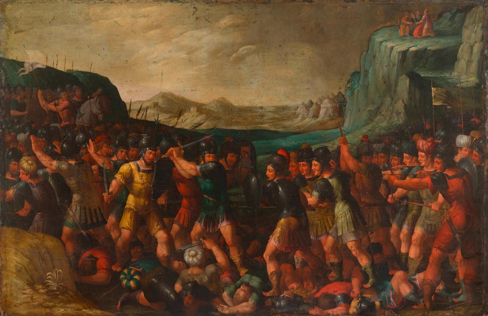 FLEMISH SCHOOL, CIRCA 1600 Joshua and the Israelites in battle against the Amalek. Oil on canvas.