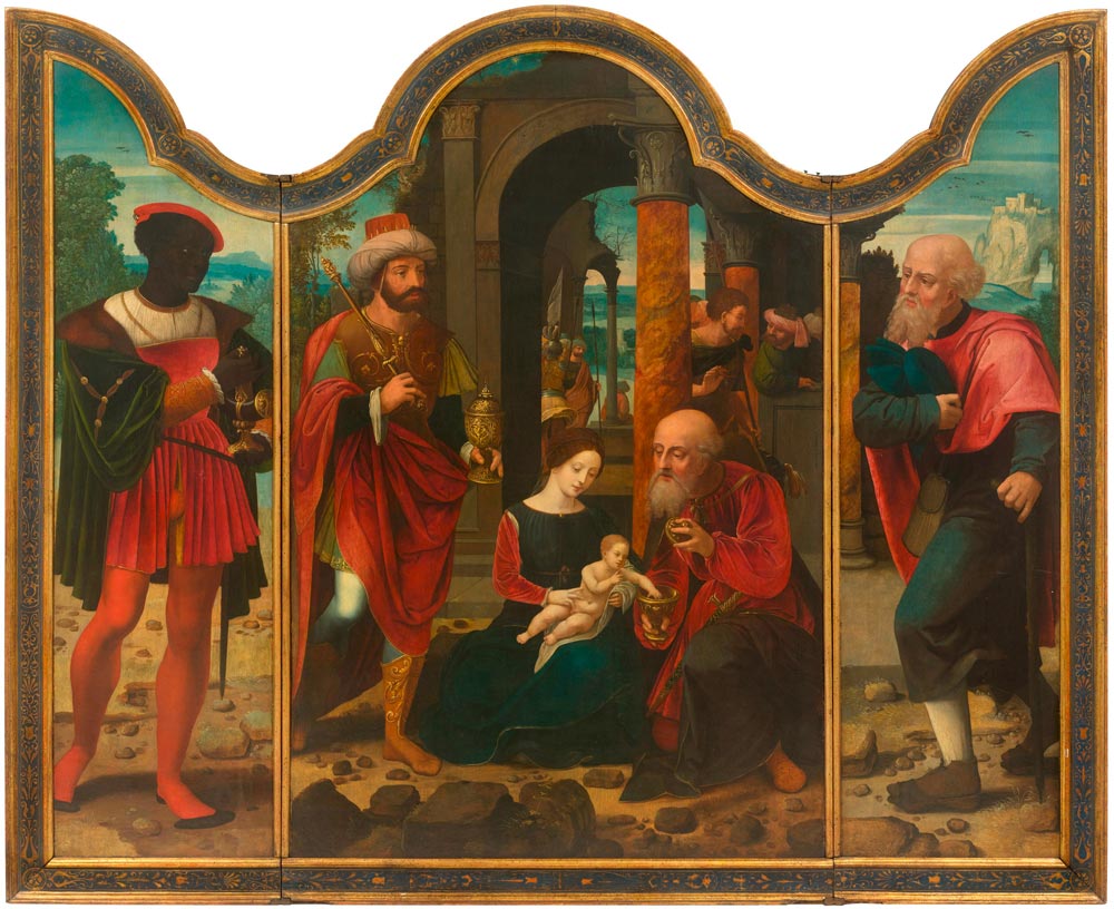 MASTER OF THE FEMALE HALF LENGTHS (The Netherlands, active 1525-1550) Triptych: Adoration of the