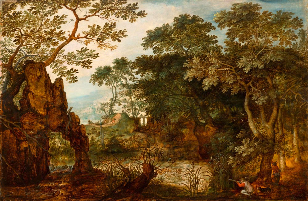 SAVERY, ROELANT (Kortrijk 1576 - 1639 Utrecht) Forest landscape with a hunter. 1608. Oil on panel.