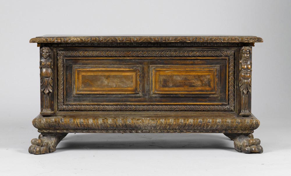 CHEST, Renaissance style, Tuscany, in part using older components. Walnut, carved with decorative - Image 2 of 2