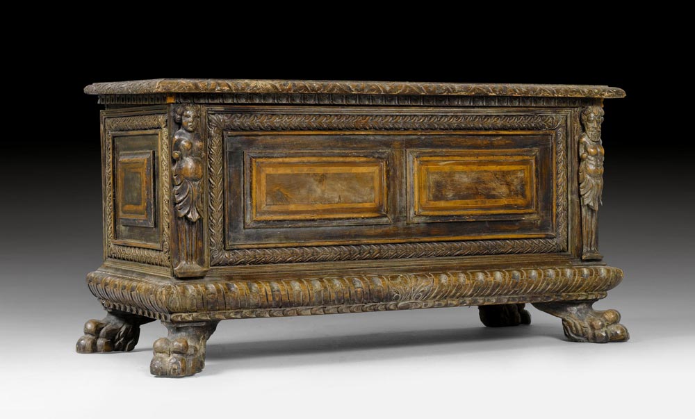 CHEST, Renaissance style, Tuscany, in part using older components. Walnut, carved with decorative