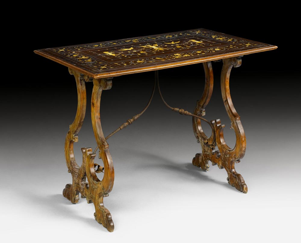 SMALL INLAID TABLE, Renaissance and later, Italy. Walnut, moulded and inlaid with lead and
