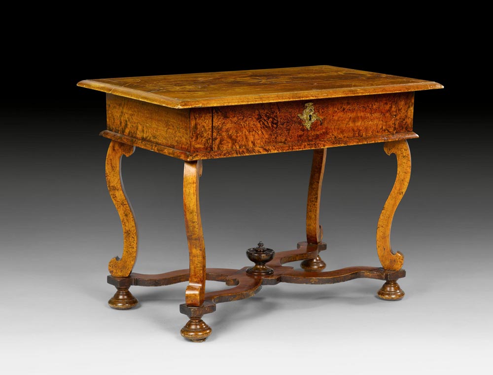 TABLE, Baroque, Sweden. Walnut and burlwood, inlaid with geometric fillets and star. Rectangular