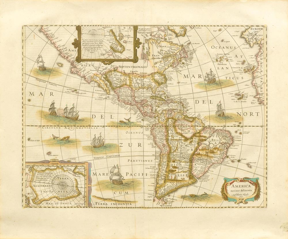 SOUTH AMERICA.-Hondius, 1631. America, Noviter delineata. Copper map with borders in original